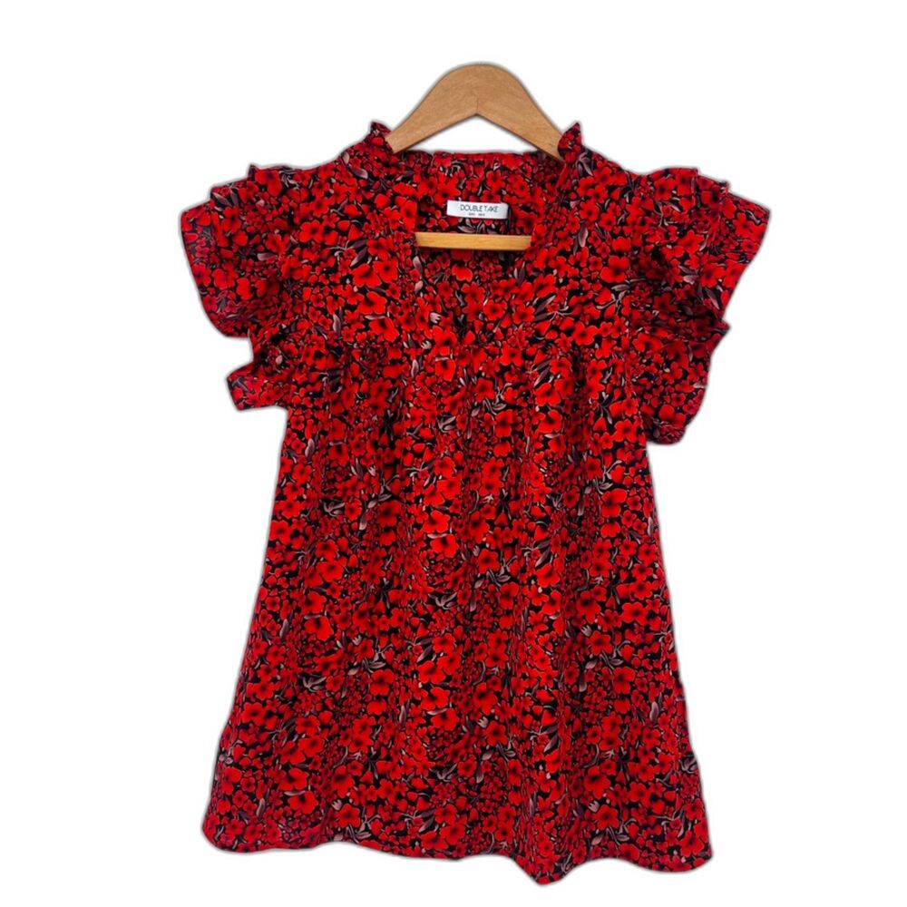 Double Take Bold Floral Maximal Print Ruffled Flutter Sleeve Boho Blouse‎ Sz SM